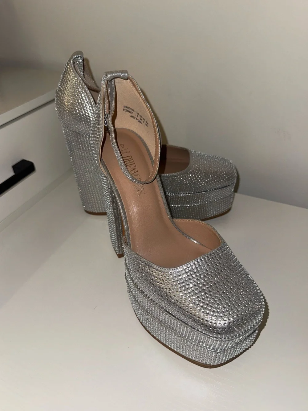 Dream Pairs Silver Crystal Platform Heels with Ankle Strap - Size 8